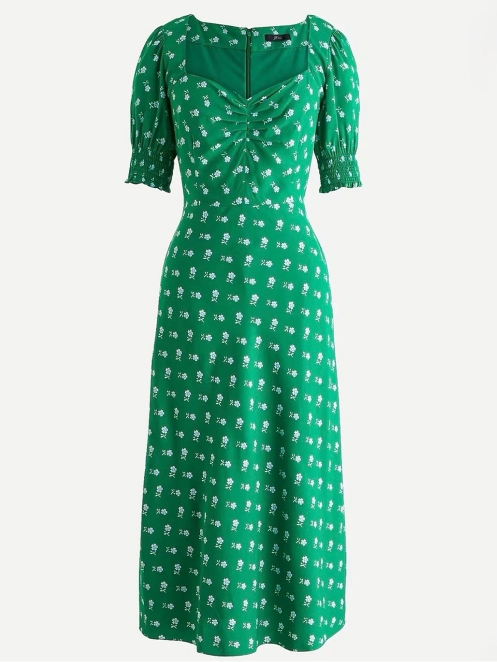 J. Crew Bandana Flowers Green Floral Midi Dress with Puff Sleeves Size 8